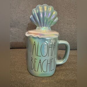 Rae Dunn Aloha Beaches ( aqua / teal ) NEW-mug w topper
